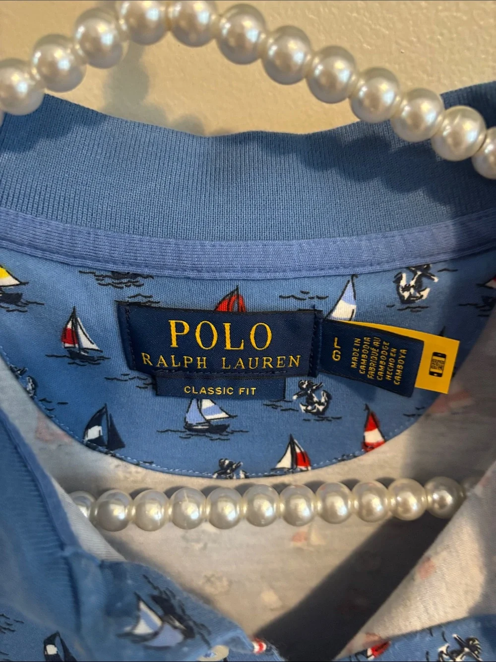 Polo by Ralph Lauren Blue Polo with Multicolor Sailboat Print size large